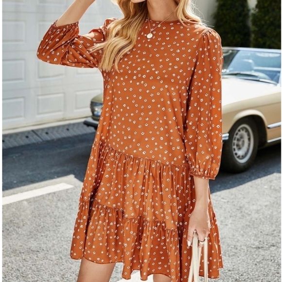 Orange Floral Tiered Ruffle Hem 3/4 Sleeve Dress - Picture 6 of 6
